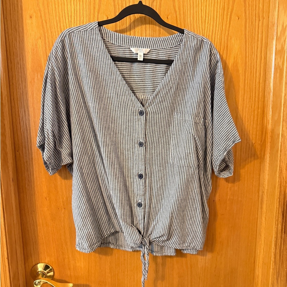 Time and Tru Striped Button Up V-Neck Tie-Front Blouse Top